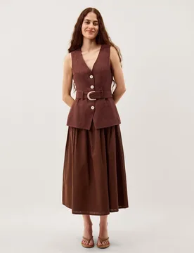 Linen Blend V-Neck Midi Waisted Dress Chocolate female - Monsoon - FashionsVida