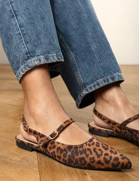 Wheres Womens Estrella Wide Fit Pointed Toe Mary Jane Open Back Ballet Flats In Leopard Suede - Size 8 Wide Fit (Uk Shoe) - Where's That From - FashionsVida