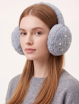 Women's Fluffy Earmuffs with Pearl Detail in Grey - Grey - Size: One Size - Vellin - FashionsVida