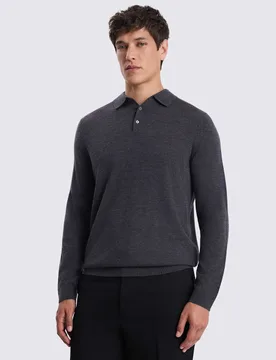 Merino Wool Rich Knitted Polo Shirt Charcoal male - MOSS - FashionsVida