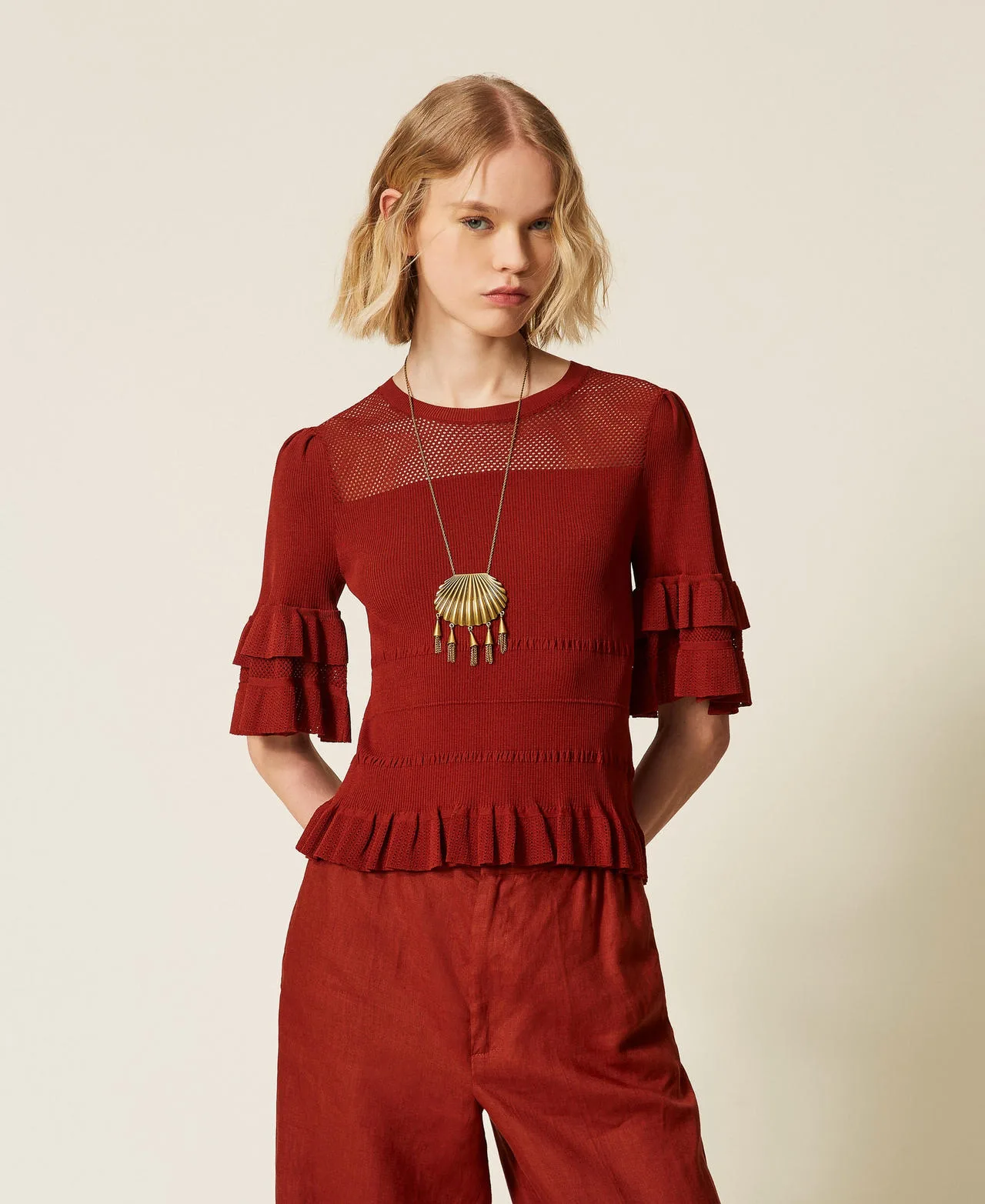 Pull côtelé avec filet et volants - TWINSET - FashionsVida