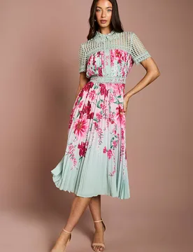 Women's Lisa Tan Lace Pleated Printed Midi Dress in Sage Size: 18 - Sage - Size: 18 - Coast - FashionsVida