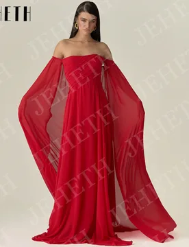 JEHETH Elegant A Line Evening Dress Red Woman Chiffon Off Shoulder Cape Sleeves Formal Occasions Dresses Customized فساتين سهرة - Aliexpress - FashionsVida