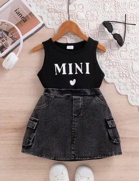 Set de 2 piezas de top de tirantes blanco con estampado de letras y falda para niña joven, adecuado para ir al trabajo, uso diario, vacaciones y escu - Shein - FashionsVida