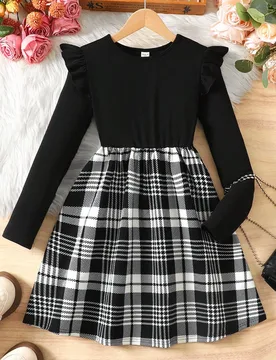 Vestido de línea A con cuello redondo, mangas de campana y ribete de contraste para niñas preadolescentes, vestido con estampado de cuadros y ribete - Shein - FashionsVida