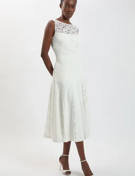 Womens Compact Stretched Lace Detail Midi Dress - White - Size 14 Uk - Karen millen - FashionsVida