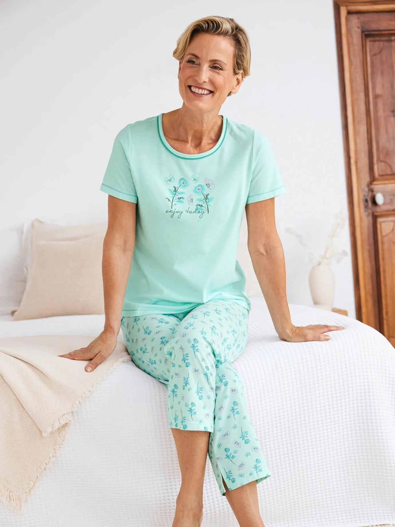 Baumwoll-Schlafanzug Pastellblüte - Mintgrün - female - Size: 44 - Avena - FashionsVida