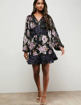 Women's Floral Devore Mix Mini Dress Size: 6 - Floral - Size: 6 - OASIS - FashionsVida