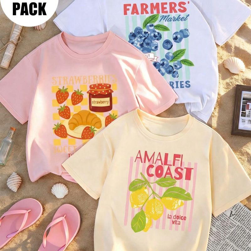 Piezas/Set Camiseta de manga corta casual para niñas preadolescentes, top nuevo de primavera/verano con estampado divertido de frutas, camiseta inter