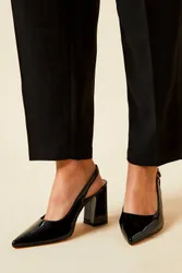 Women's Wide Fit Ellens Faux Patent Leather Pointed High Block Heel Slingback Court Shoes in True Black Size: 3 - True Black - Size: 3