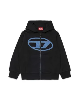 Felpa nera in cotone con logo denim e cappuccio - Diesel - FashionsVida