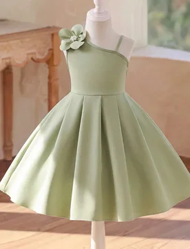 Vestido elegante y noble para niña joven, verde, de doble capa, con estiramiento en 4 direcciones, sin mangas, diseño de tirante de un solo hombro, - Shein - FashionsVida
