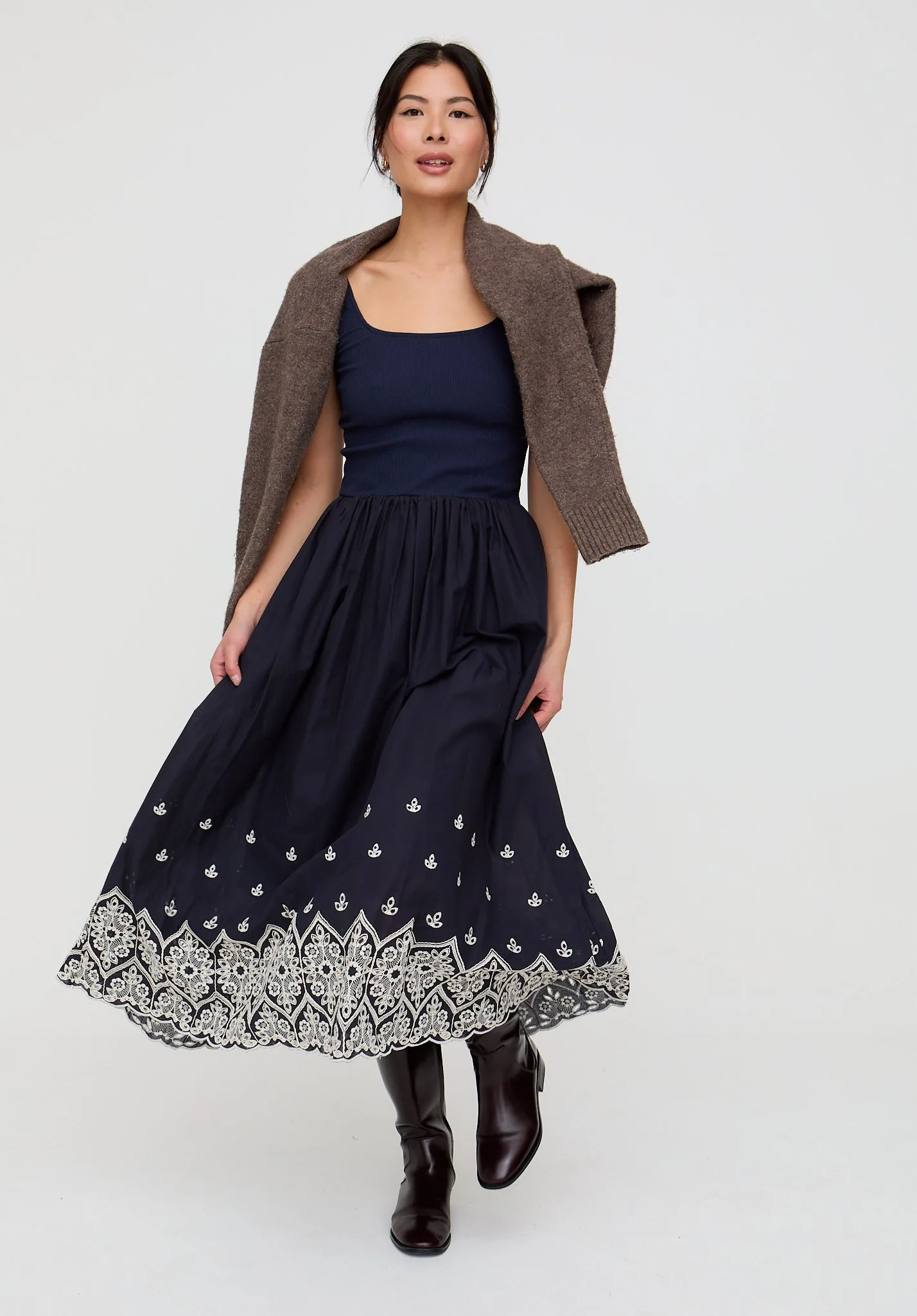 Cora Sleeveless Jersey Bodice Embroidered Midi Dress In Navy - 8 - Lily and Lionel London Limited - FashionsVida