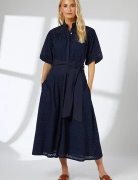 Women's Broderie Belted Contrast Detail Midaxi Dress in Navy Size: 18 - Navy - Size: 18 - Debenhams - FashionsVida