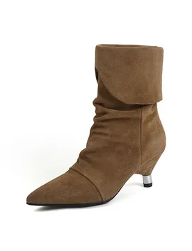Arden Furtado Autumn Cow suede Pleated Modern boots Pointed toe Turned-over Edge pull-on Chunky heels Short boots - Aliexpress - FashionsVida