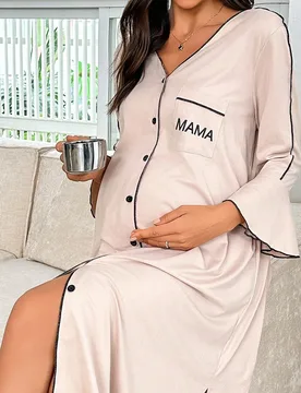 Bata de maternidad con ribete de color contrastante, manga acampanada, manga 3/4, bolsillo delantero, estampado de letras, ropa de estar en casa, oto? - Shein - FashionsVida