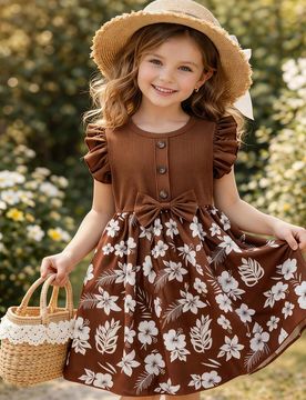 Vestido de princesa dulce de verano para niñas, diseño de mangas acampanadas acanaladas en color marrón, cintura ceñida, falda completa con estamp