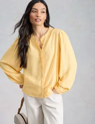 Linen Blend Button Through Blouse Yellow female