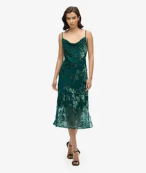 Superdry Damen Dévoré Midi-trägerkleid mit Wasserfallausschnitt Grün - Größe: 40