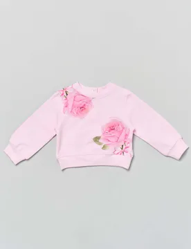 Felpa girocollo rosa in cotone stretch con rose - Monnalisa - FashionsVida