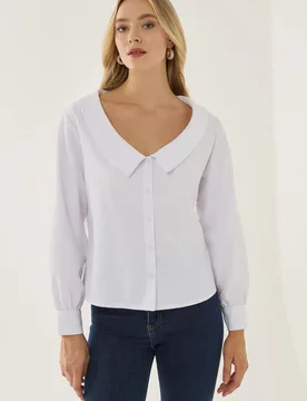 Womens Straight Fit Collar Detail Shirt - Off-White - Size Small - Hiccup - FashionsVida