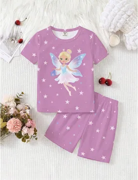 Conjunto de pijama de 2 piezas para niña con estampado de estrella de hada soñadora que brilla en la oscuridad, de tela elástica de punto suave y c - Shein - FashionsVida