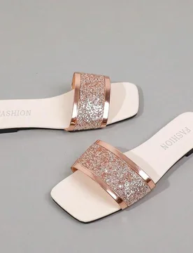 Sandalias planas casuales de playa para mujer, zapatillas tipo slip-on de punta abierta en color oro rosa - Shein - FashionsVida