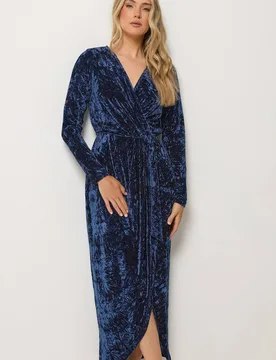 Women's Tall Crushed Velvet Wrap Midi Dress in Mid Navy Size: 20 - Mid Navy - Size: 20 - Long tall sally - FashionsVida