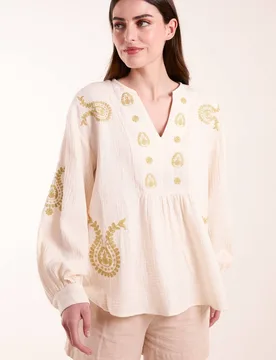 Women's Embroidered Cheesecloth Top in Stone Size: Small/Medium - Stone - Size: S/M - Blue Vanilla - FashionsVida