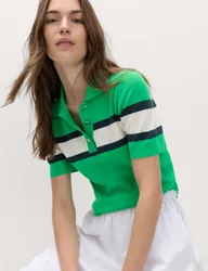 Striped Collared Slim Fit Knitted Top Bright Green female