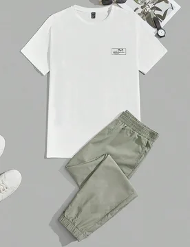 Conjunto de camiseta de manga corta y pantalones de verano con bloqueo de color, estampado de palmera y eslogan gráfico para hombre, atuendo casual, - Shein - FashionsVida