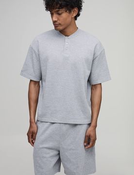 Herren Übergroßes Kastenförmiges Waffel-Henley-Oberteil & Weite Freizeithose Im Set Grey Marl Größe XL
