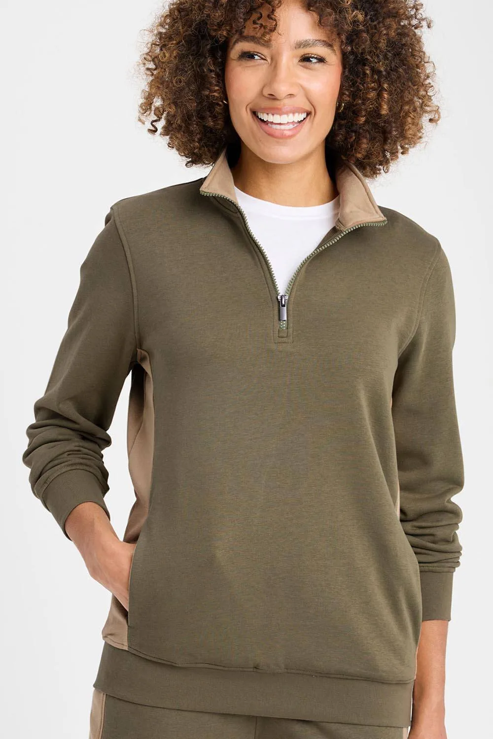 Women's Half Zip Panelled Sweatshirt in Khaki Size: 2XL - Khaki - Size: 2XL - Cotton Traders - FashionsVida