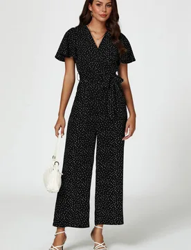 Women's Dot Print Wrap Top Jumpsuit In Black Size: Large - Black - Size: L - FS Collection - FashionsVida