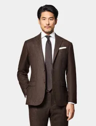 Slim Fit Pure Wool Herringbone Suit Jacket Brown male