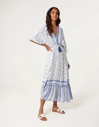 V Neck Printed Tassel Dress - M/L / BLUE - female