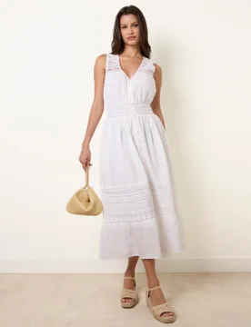Crochet Insert Button Midi Dress - L / IVORY - female - Blue Vanilla - FashionsVida