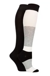 Women's 2 Pair Plain and Patterned Bamboo Knee High Socks with Smooth Toe Seams Monochrome 4-8 Ladies - Black - Size: Small