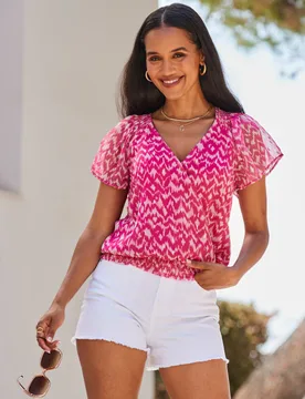 Printed V-Neck Wrap Top Pink Mix female - Sosandar - FashionsVida