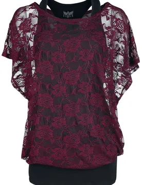 T-Shirt - bordeaux rotes Spitzenshirt mit schwarzem Top - L bis 5XL - für Damen - Größe L - schwarz/bordeaux - Frauen - female - Black Premium by EMP - FashionsVida