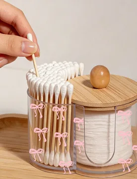 Caja de almacenamiento de plástico transparente con tapa de bambú y patrón de lazo rosa mini 2 en 1, organizador de cosméticos de escritorio con d - Shein - FashionsVida