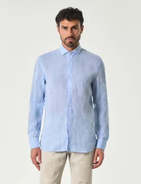 Camicia azzurra in puro lino tinto filo - Ashki.i - FashionsVida