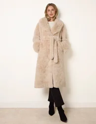 Plush Faux Fur Belted Coat - S / BEIGE - female
