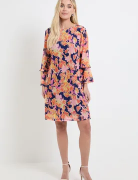 Womens Petite Floral Mesh Ruffle Sleeve Shift Dress - Navy - Wallis - FashionsVida