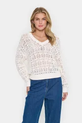 JunaSZ V-Neck Knitted Lace Pullover - Warm White - Size: M