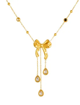 Trendy Fashion Zirconia Water Droplet Bowknot Pendant Female Gold Color Stainless Steel Chain Necklace for Women Jewelry Gift - Aliexpress - FashionsVida