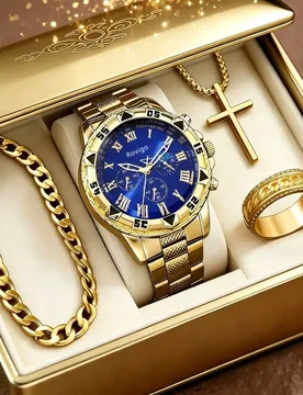 Piezas/1 pieza Conjunto de accesorios de negocios dorados opcionales para hombres, reloj de pulsera con esfera azul y correa de acero, combinado con p - Shein - FashionsVida
