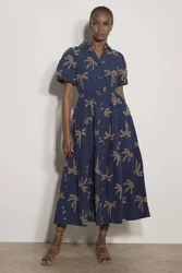 Women's Embroidered Palms Cotton Midi Dress in Blue Size: 14 - Blue - Size: 14
