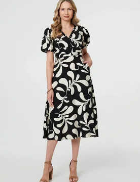 Women's Leaf Print Puff Sleeve Wrap Midi Dress in Black Size: 16 - Black - Size: 16 - Izabel London - FashionsVida