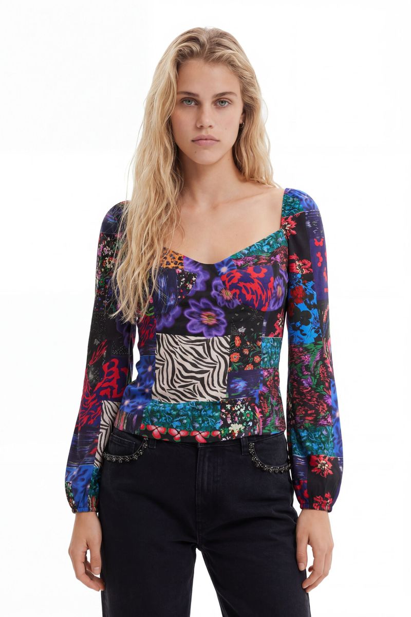 Blouse corset patchwork, Viscose, Noir, XS